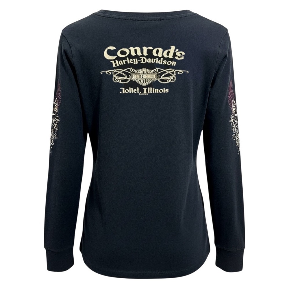 Harley-Davidson Shirt Women Small Black Long Sleeve Skull Wings Graphic V-Neck - Picture 7 of 14